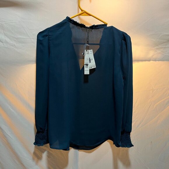 Tahari ASL Smocked Cuff Split Neck Long Sleeve Chiffon Blouse Dark Teal S - Picture 9 of 10